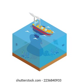 Ecological disaster in the ocean, oil leakage from the ship tanker isometric 3d vector illustration concept for banner, website, illustration, landing page, flyer, etc.