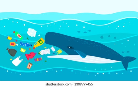Ecological disaster of plastic garbage in the ocean. A large sperm whale eats plastic trash against a polluted sea. flat vector illustration