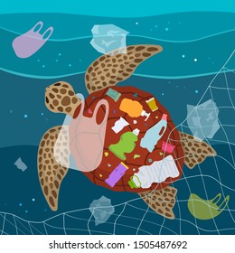 Ecological disaster of plastic garbage in the ocean. A large turtle entangled in a net and eats plastic garbage in the background of a polluted ocean. flat vector illustration