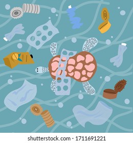 Ecological disaster of plastic garbage in the ocean. A large turtle entangled in a net and eats plastic garbage in the background of a polluted ocean. flat vector illustration