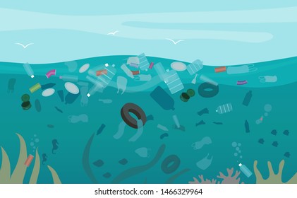 Ecological disaster of plastic trash in the ocean. Dead turtle, jellyfish, seabirds and fish on a background of debris at the sea.