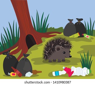 Ecological disaster from plastic waste in the forest. a cute hedgehog near his mink on the background of a landfill and garbage bags. flat vector illustration