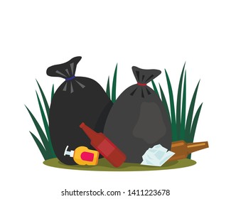 Ecological disaster from plastic waste in the forest. landfill and garbage bags. concept take care of nature. flat vector illustration.