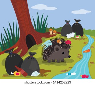 Ecological disaster from plastic waste in the forest. A cute hedgehog near the mink on the background of a landfill and garbage bags and a plastic-polluted stream. flat vector illustration