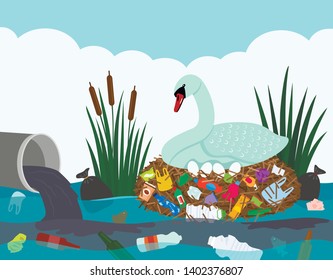 Ecological disaster of plastic waste in the river. Swan hatching eggs in a nest full of plastic garbage on the background of a polluted river or lake. flat vector illustration