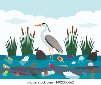 Ecological disaster of plastic waste in the river. A heron bird stands in a lake polluted with plastic debris and dead fish. flat vector illustration