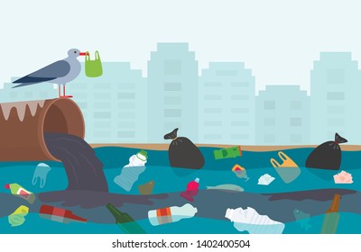 Desastre ecológico de residuos plásticos en el río. El alcantarillado de la ciudad fluye hacia el lago contaminado con plástico y basura doméstica. pájaro con una bolsa de plástico en su pico. ilustración vectorial plana