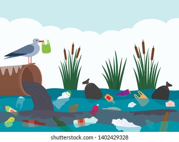 Ecological disaster of plastic waste in the river. City gutter flows into the lake polluted with plastic and household garbage. bird with a plastic bag in its beak. flat vector illustration