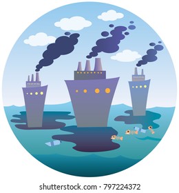 Ecological disaster at sea in a circle. A flat vector icon for the designer's work. Icon with ships