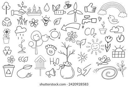 Ecological doodle icons set. Hand drawn doodle elements. Recycling, solar power, wind power, bicycle, tree, sprout. Green, ecological life concept.