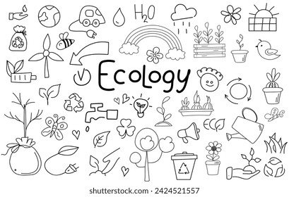 Ökologische Doodle-Icons gesetzt. Handgezeichnete Doodle-Elemente. Handgeschriebene Schrift Ökologie.  Recycling, Solarenergie, Windkraft, , Baum, Sprossen, Regenbogen.  Grünes Konzept.