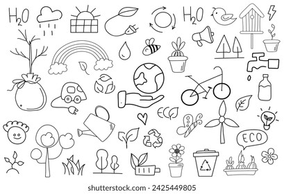 Ecological doodle icons set. Hand drawn doodle elements. Earth on a human hand. Recycling, solar power, wind power, bicycle, tree, sprout. Green, eco concept.