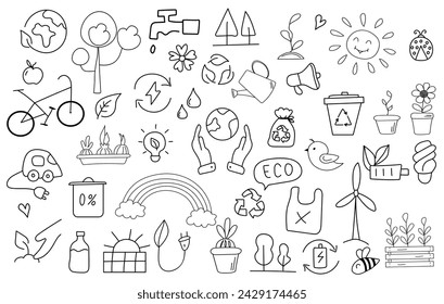 Conjunto de iconos de garabatos ecológicos. Elementos dibujados a mano del garabato. La Tierra en una mano humana. Reciclaje, energía solar, energía eólica, bicicleta, árbol, brote. Verde, concepto ecológico.