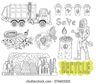 Ecological doodle set with garbage, trash, factory, pollution, recycling and eco icons. Hand drawn line art symbols and illustrations, environment protection theme,  isolated on white