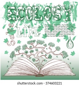 Ecological doodle set with tree growing out of the open book, leaves, water drop and text. Hand drawn line art bio symbols and illustrations, green world concept, environment protection theme
