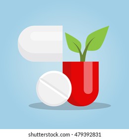 Ecological drugs and pills with a leaf. Vector illustration