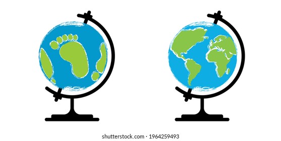 Ecological Eco Footprint On Globe And Globe Worldwide View Map. Vector School Globus Icon. Climate Justice Now