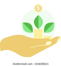 Ecological economics icon vector. Hands holding coin leaves. Environmental issues isolated on white background