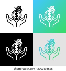 Ecological economics thin line icon. Hands holding dollar coin with leaves. Circular economics. Vector illustration for environmental issues.