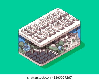 Ecological ecosystem concept in 3d isometric graphic design. Eco friendly alternative energy technology for nature protect. Vector illustration with people in isometric room interior for web banner
