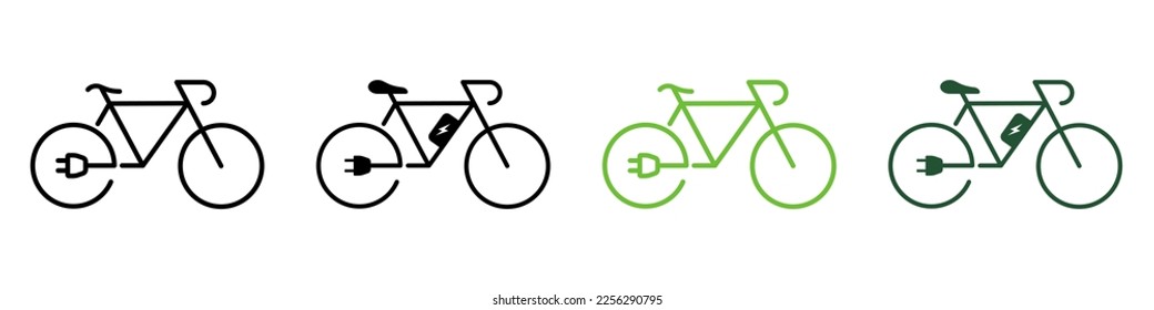 Ecological Electric Bicycle. Electricity Power Eco Bike with Charge Plug Symbol Collection on White Background. Green Energy Bike Line and Silhouette Icon Color Set. Isolated Vector Illustration.