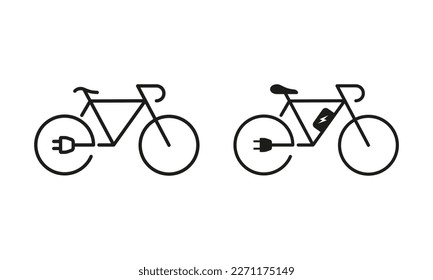 Ecological Electric Bicycle. Electricity Power Eco Bike with Charge Plug Symbol Collection on White Background. Green Energy Bike Line and Silhouette Icon Set. Isolated Vector Illustration.