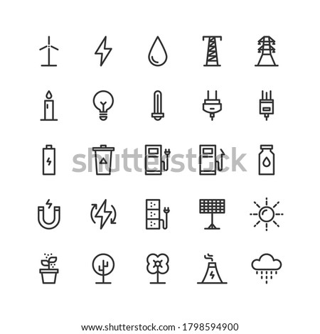 ecological and electric concept line icon set, nature energy generator symbol design vector,editable stroke