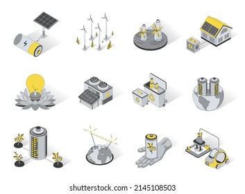 Ecological energy 3d isometric icons set. Pack elements of solar panels, windmills, green energy, eco friendly, waste sorting and recycling, electric car. Vector illustration in modern isometry design