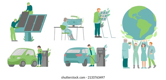 Ecological energy collection. Automobile with hydrogen motor. H2 fuel production laboratory.  Zero emissions car, electrical engine. Global warming, clean transportation concept. Vector illustration