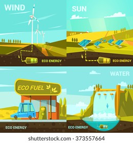 Ecological energy design concept set with retro cartoon wind sun and water power elements isolated vector illustration
