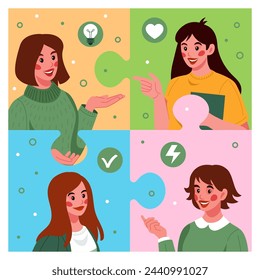 Ecological energy. Electrical power. Green sustainable technology efficiency. Environment conservation. Recycling and renewable electricity. Woman puzzle portrait. Alternative solution. Vector concept