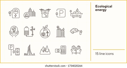 Ecological energy icons. Set of line icons. Brain with plug, electro car, windmill. Alternative energy concept. Vector illustration can be used for topics like environment, ecology, technology