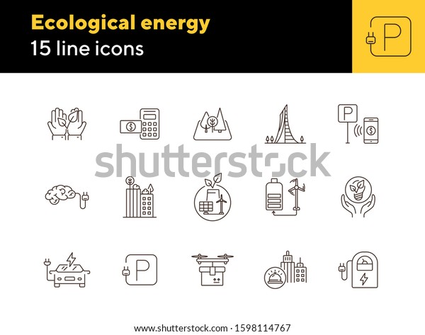 Ecological energy icons. Set of line icons.\
Brain with plug, electro car, windmill. Alternative energy concept.\
Vector illustration can be used for topics like environment,\
ecology, technology