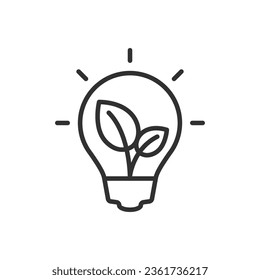 Ecological energy, linear icon. Light bulb and plant leaf. Line with editable stroke