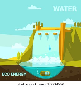 Ecological energy poster with hydroelectric power station cartoon retro style vector illustration
