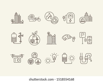 Ecological energy source icons. Set of line icons. City alarm, recycling, quadcopter with box. Alternative energy concept. Vector illustration can be used for topics like environment, ecology