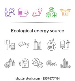 Ecological energy source icons. Set of line icons. City alarm, recycling, quadcopter with box. Alternative energy concept. Vector illustration can be used for topics like environment, ecology