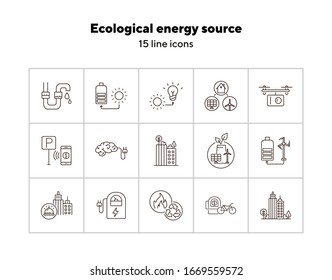 Ecological energy source icons. Set of line icons. City alarm, recycling, quadcopter with box. Alternative energy concept. Vector illustration can be used for topics like environment, ecology
