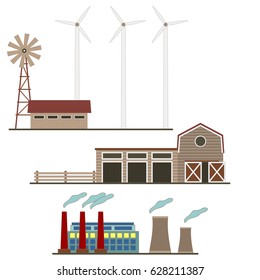 Ecological energy wind factories set isolated on a white background. Vector windmill icon collections for ui design