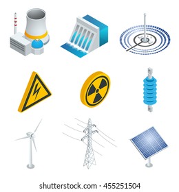 Ecological energy. Wind solar and nuclear energy generating systems. Vector illustration of industrial icons.