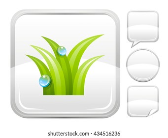 Ecological and environment protection icon with grass and water drops and set of other blank buttons. Speaking bubble, circle, sticker