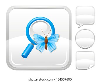 Ecological and environment protection icon with magnifying glass and butterfly and set of other blank buttons. Speaking bubble, circle, sticker