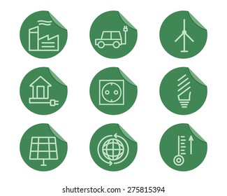 Ecological and environmental protection outline icon set. Thin line design. Eco green technologies. On flat stickers. Isolated on white background. Vector illustration