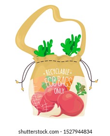 Ecological fabric bag with vegetables. Say no to the plastic. Vector isolate in cartoon flat style.