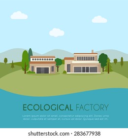 Ecological factory. Buildings with landscape. Flat style vector illustration.