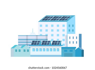 Ecological factory plant - green energy, solar panels power plant. Vector illustration in flat style, design template