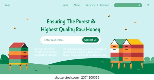 Ecological farm for production of natural honey, purest product of highest quality organic origin. Tasty sweet natural ingredient. Website landing page template, online site vector in flat style