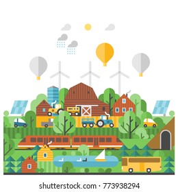 Ecological farm. Use of renewable energy sources. Travel by different modes of transport.