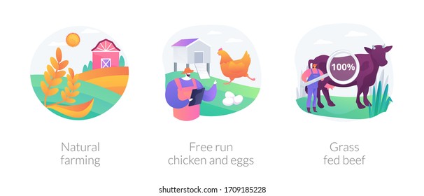 Ecological farming abstract concept vector illustration set. Natural farming, free run chicken and eggs, grass fed beef, sustainable agriculture, food labeling, antibiotics free abstract metaphor.