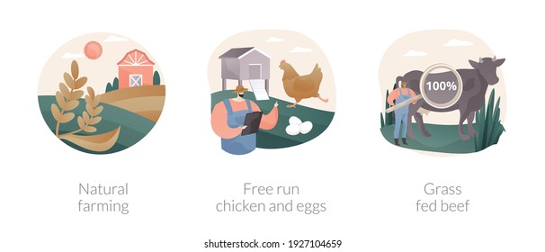 Ecological farming abstract concept vector illustration set. Natural farming, free run chicken and eggs, grass fed beef, sustainable agriculture, food labeling, antibiotics free abstract metaphor.